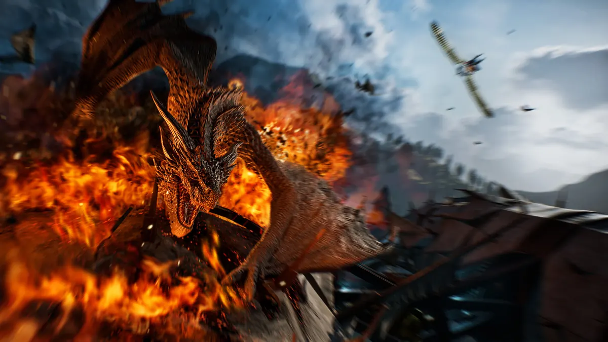 ArcheAge Chronicles official screenshot with a massive enemy and a fire-lit melee battle.