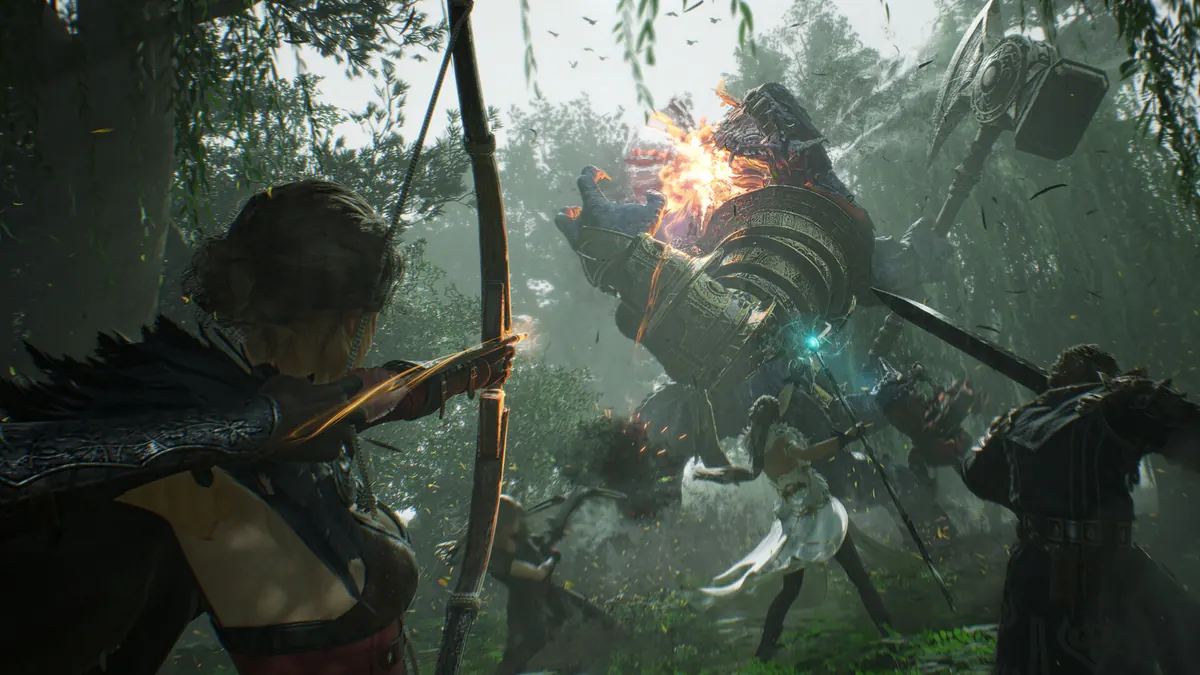ArcheAge Chronicles promotional combat screenshot with a ranged adventurer facing an enemy.