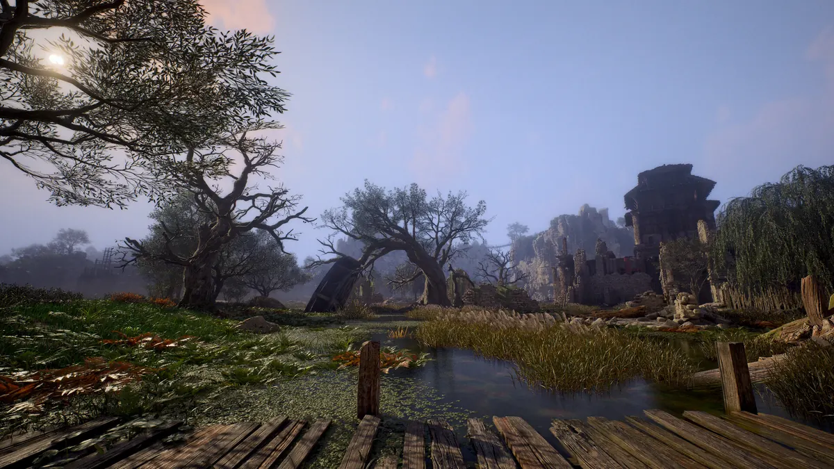 ArcheAge Chronicles official landscape screenshot with green ground, water and distant terrain.