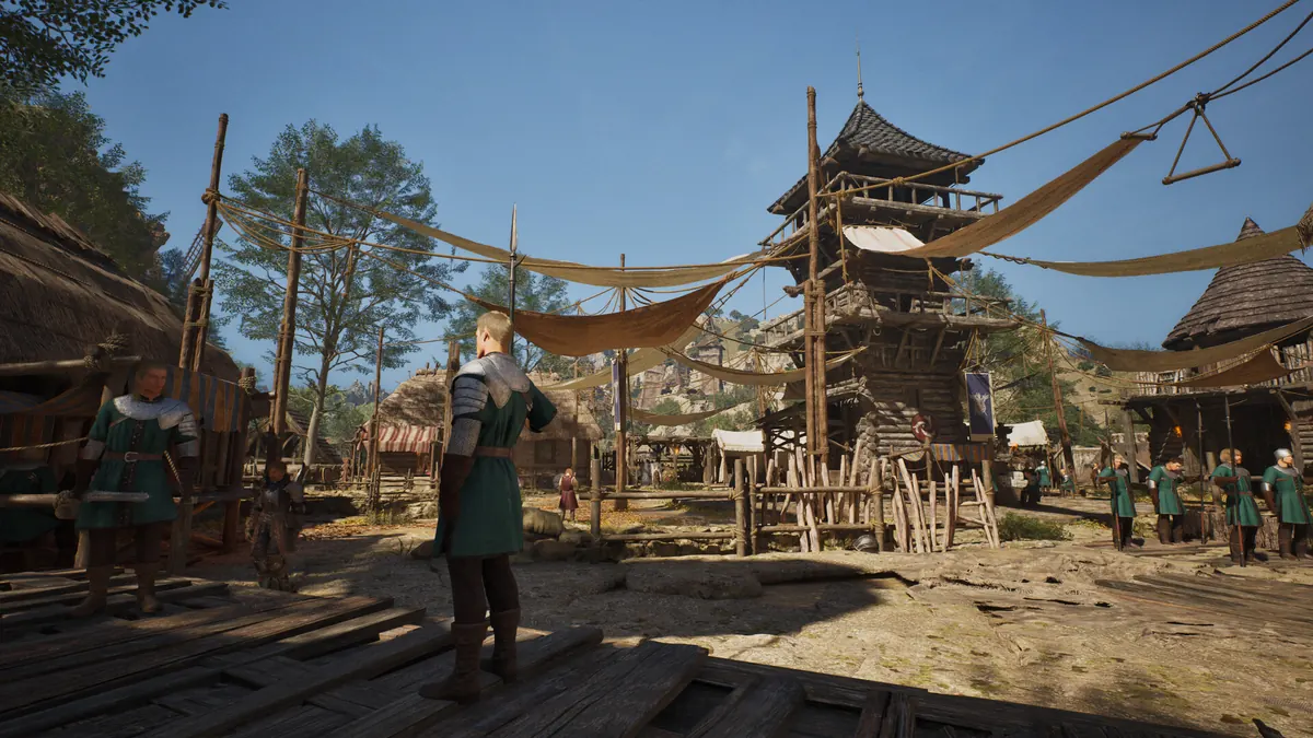 ArcheAge Chronicles official screenshot of a wooden riverside settlement and gathering area.