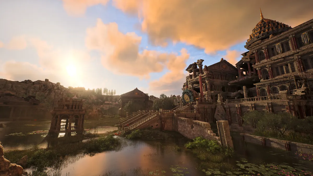 ArcheAge Chronicles landscape promotional screenshot showing a settlement beside water.