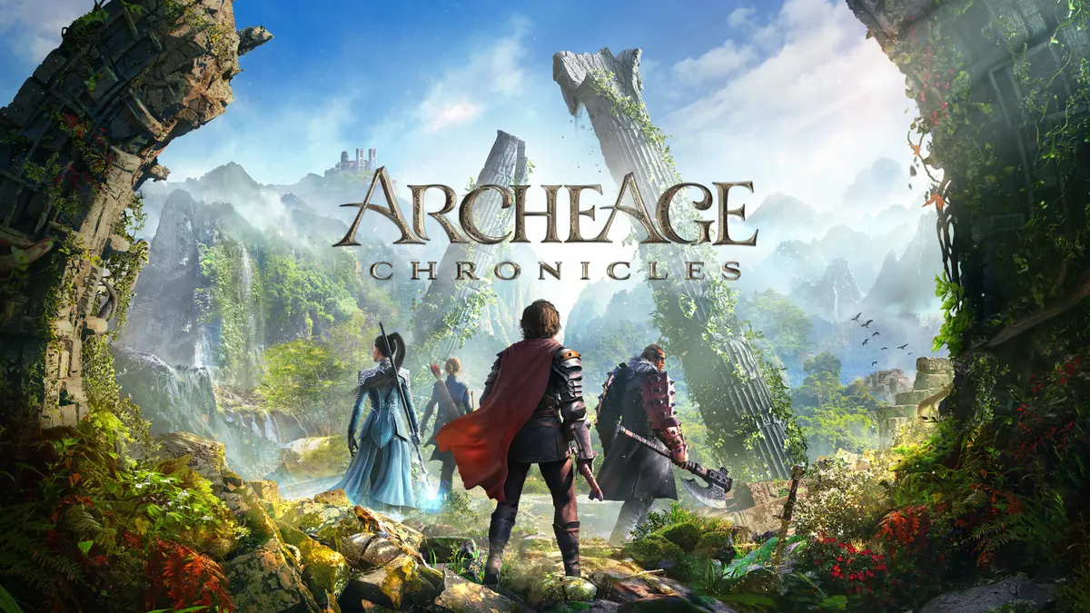 ArcheAge Chronicles title artwork with explorers looking toward ruins in Auroria; official Steam promotional art.