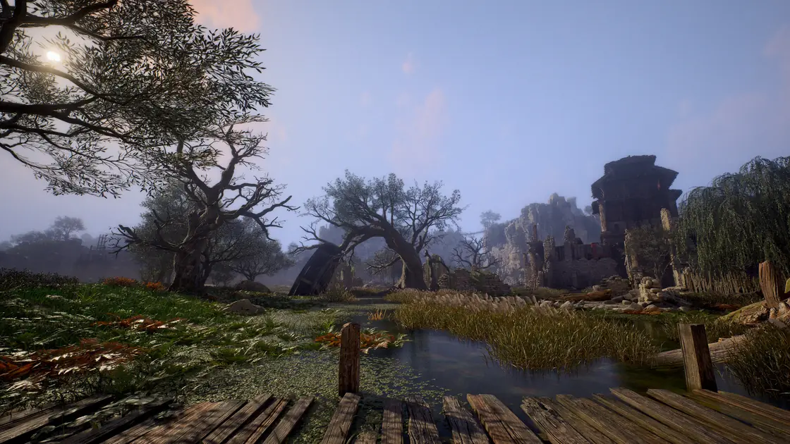 ArcheAge Chronicles official Steam screenshot 04: woodland, water and distant ruins.